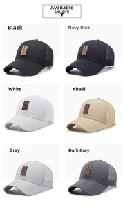 Detail view of breathable mesh baseball caps in six colors with leather patch labels