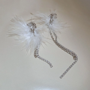 Détail de boucles d'oreilles clips argentées avec plumes blanches et glands en strass