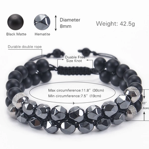 Double-layered 8mm black matte stone and hematite beaded bracelet with adjustable cord