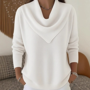 Women's pure white long sleeve knit sweater featuring a stylish draped V-neckline