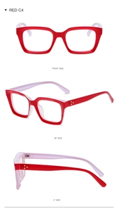Three-way view of red and lavender square glasses frames highlighting sleek plastic texture