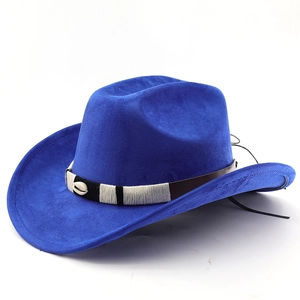 Detail of royal blue cowboy hat with shell ornament and braided band on white background