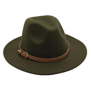 Close-up of olive green wool fedora hat featuring a brown leather belt buckle strap