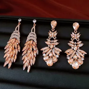 Elegant feather tassel drop earrings with crystals and vintage court style design
