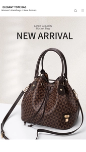 Detail of geometric pattern bucket bag with gold padlock and adjustable shoulder strap