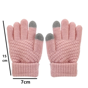 Pink knitted winter gloves with grey touchscreen fingertips and size dimensions 15x7cm