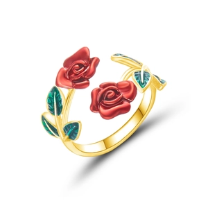 Golden open ring featuring romantic red enamel roses and green leaves design