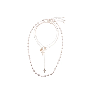 Bohemian multi-layer layered necklace with cross and pearl charms in rose gold finish