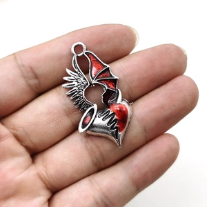 Gothic angel and devil wing heart pendant in red and silver finish for necklaces