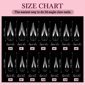 Size chart for eagle claw nail tips showing 14 clear sizes with precise measurements