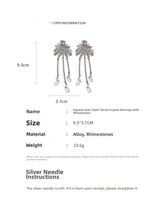 Detail view of crystal tassel earrings with dimensions 9.5cm length and alloy material