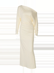 Detail of off-white off-shoulder maxi dress featuring ruched waist and elegant draping