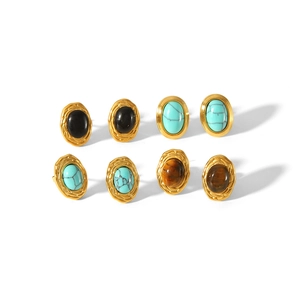 Boucles d'oreilles ovales vintage en turquoise et oeil de tigre plaqué or 18k