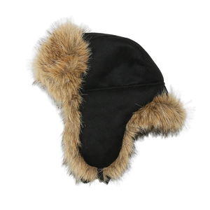 Winter trapper hat with black suede shell and warm brown faux fur ear flaps for cold weather