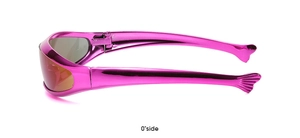 0° side view of futuristic pink metallic wrap-around sunglasses with fishtail temples
