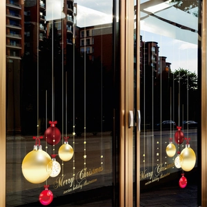 Christmas static window decals with red and gold baubles and Merry Christmas lettering