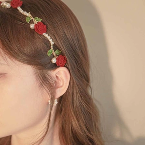 French Retro Rose Artificial Pearl Headband Elegant Fabric Flower Metal Wire Vintage Hair Hoop For Women Wedding Party Accessories