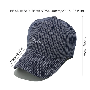 Detail view of navy plaid baseball cap with white embroidery and size dimensions