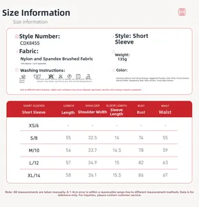Size chart for quick-dry short-sleeved yoga tops with detailed fabric and measurement data