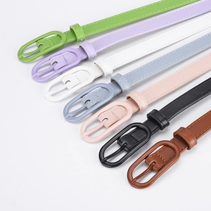 Slim macaron pastel leather belts for women with matching oval buckles in assorted colors