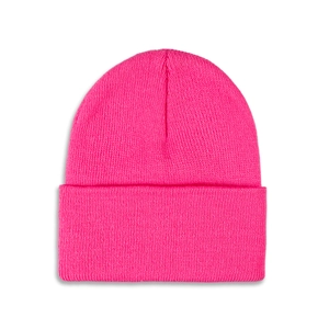 Detailed close-up showing the bright pink ribbed knit texture of this warm winter beanie