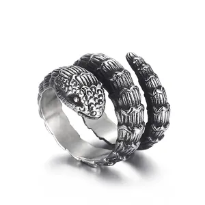 Vintage Punk Snake Wrap Ring For Men Stainless Steel Realistic Scale Texture Coiled Gothic Jewelry