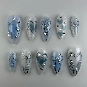 Blue Gradient Almond Press On Nails With 3D Metallic Bows And Artificial Pearls Heart Starburst Rhinestones Fashion Fake Nails