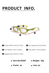 Detailed size specifications for silver Y2K oval sunglasses with PC frame measurements