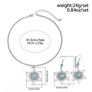 Detailed size measurement of silver floral necklace and earrings set with blue stone