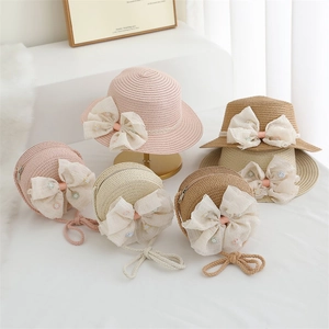 Chapeau De Paille Pour Enfants Et Sac Bandoulière Rond Dentelle Nœud Floral Été Protection Solaire Style Doux Pour Filles