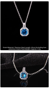 Detail view of octagon zircon necklace with deep blue crystal and titanium steel chain