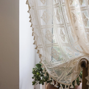 Beige crochet hollow diamond pattern curtain with fringe tassels for living room