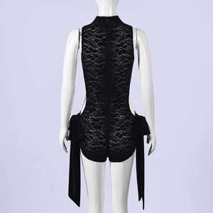 Detail of black lace bodysuit with high neck, back zipper and side bow tie-up design