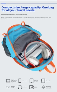 Top view of large capacity blue backpack showing spacious interior for laptop and books