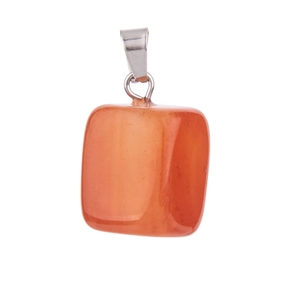 Polished orange natural agate stone square pendant with silver metal bail on white background