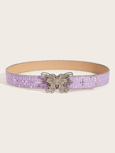 Close-up of purple sequin belt with silver butterfly buckle and chain edge detail