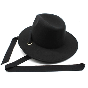 Classic black wool fedora hat with asymmetric long ribbon detail and golden eyelets