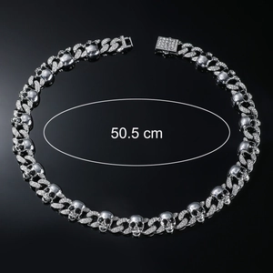Silver punk skull necklace for men with sparkling cubic zirconia stones, length 50.5 cm
