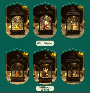 Detail view of water-filled Christmas lanterns with festive Santa and snowman scenes