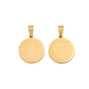 Front and back view of round gold stainless steel Saint Benedict medal pendants