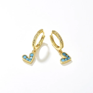 Minimalist gold heart dangle earrings with turquoise blue stones and zircon inlay