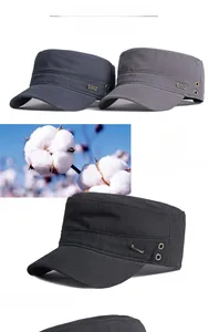 Detail of cotton flat top cap featuring metal sports badge and breathable eyelets