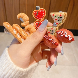 Funny food hair clips featuring 3D resin croissant hot dog and toast shapes on metal base