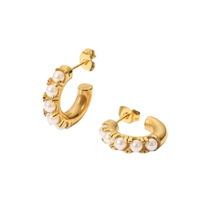Elegant 18K gold-plated C-shaped stainless steel earrings with multiple white pearls
