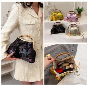 Detailed views of vintage embroidered kiss-lock bags with tassels and chain straps