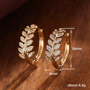Elegant gold leaf earrings with micro-set zircon and detailed dimension measurements