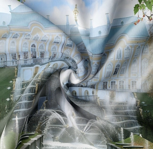 Detail showing the soft texture and vibrant classical European architecture print on tapestry