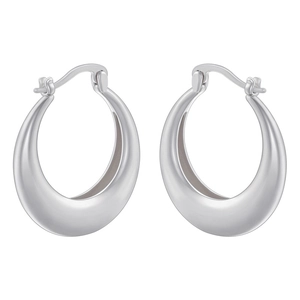 Close-up of smooth silver-plated oval hoop earrings with secure click-top closure