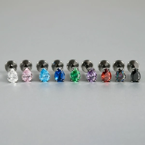 G23 titanium flat back studs with pear-cut zircon in nine vibrant colors for ear piercings