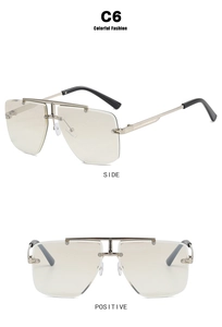 Front and side views of rimless polygon sunglasses with gold metal frame and gradient lenses
